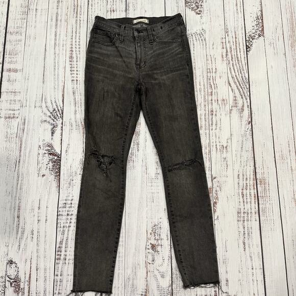 Madewell 9” Mid Rise Skinny Jeans 25 Washed Black Distressed Raw Hem Stretch - Picture 1 of 7
